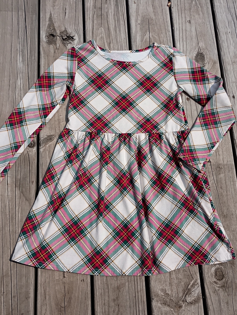Place Girls' Plaid Long Sleeve Dress - White, Red, Green By Place sz 10/12